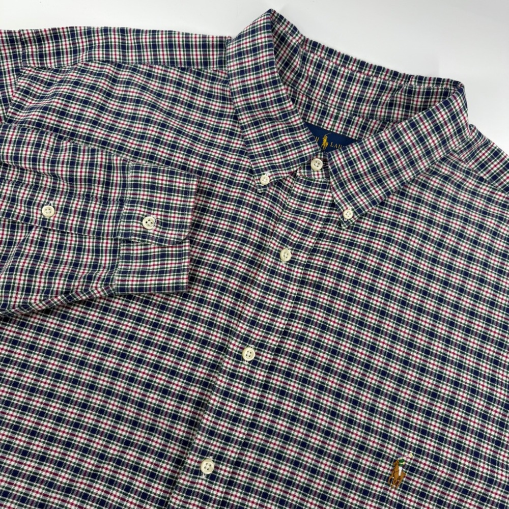 Ralph Lauren Button Down Shirt Mens 2XLT Navy Green Red Plaid Long Sleeve Pony